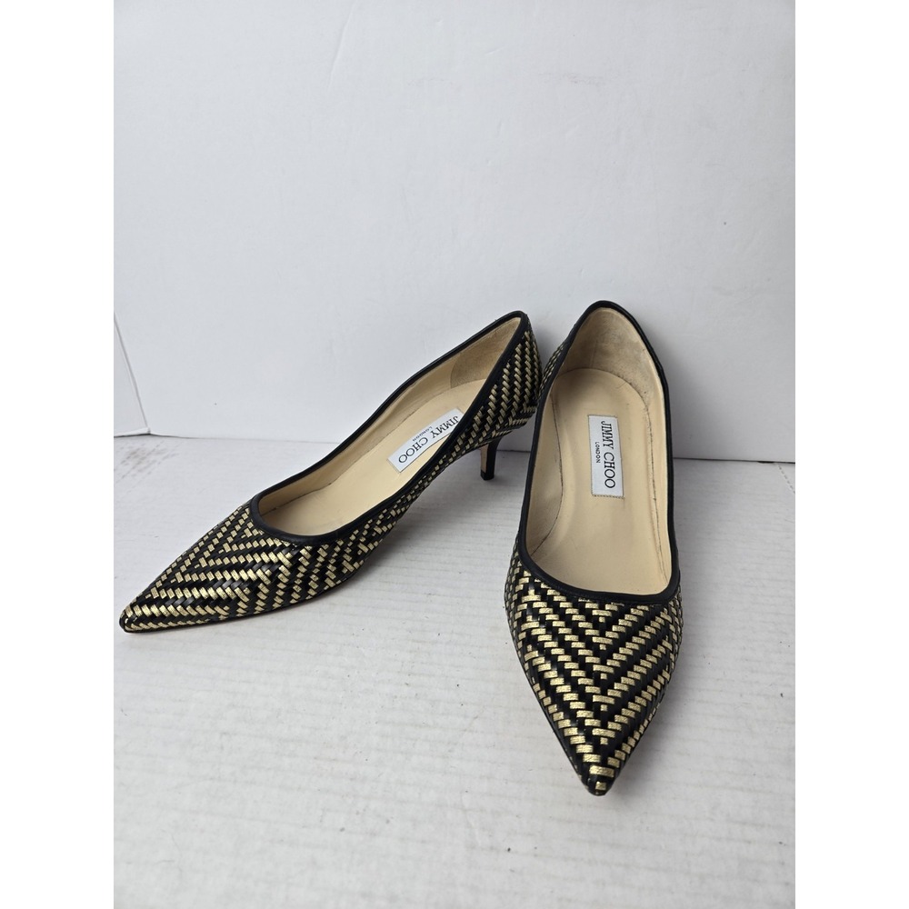 Jimmy Choo black gold pump‎ heel sz 38 pointed toe